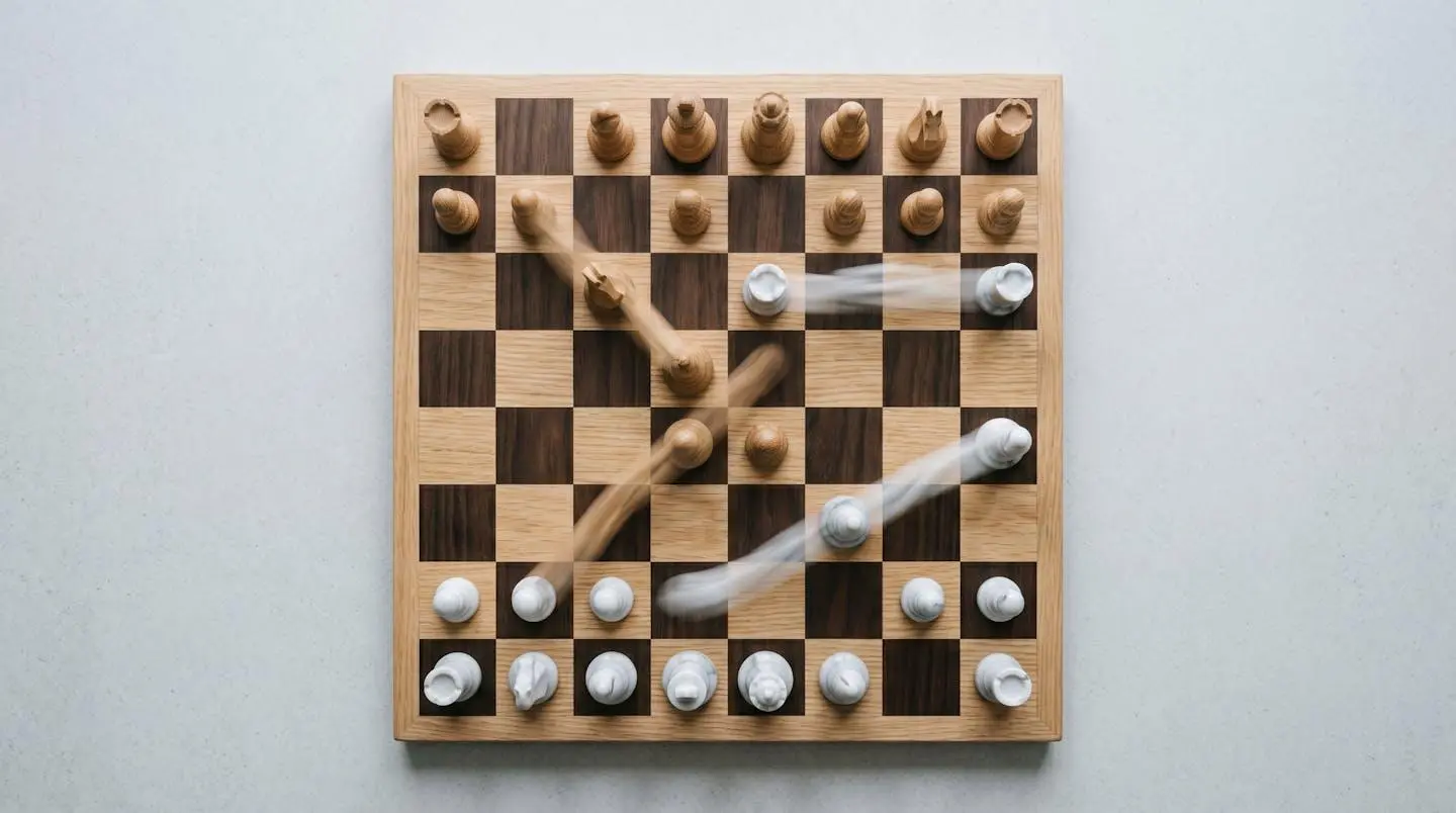 Overhead view of minimalist chess board with motion blur trails showing coordinated movement of white and wooden pieces