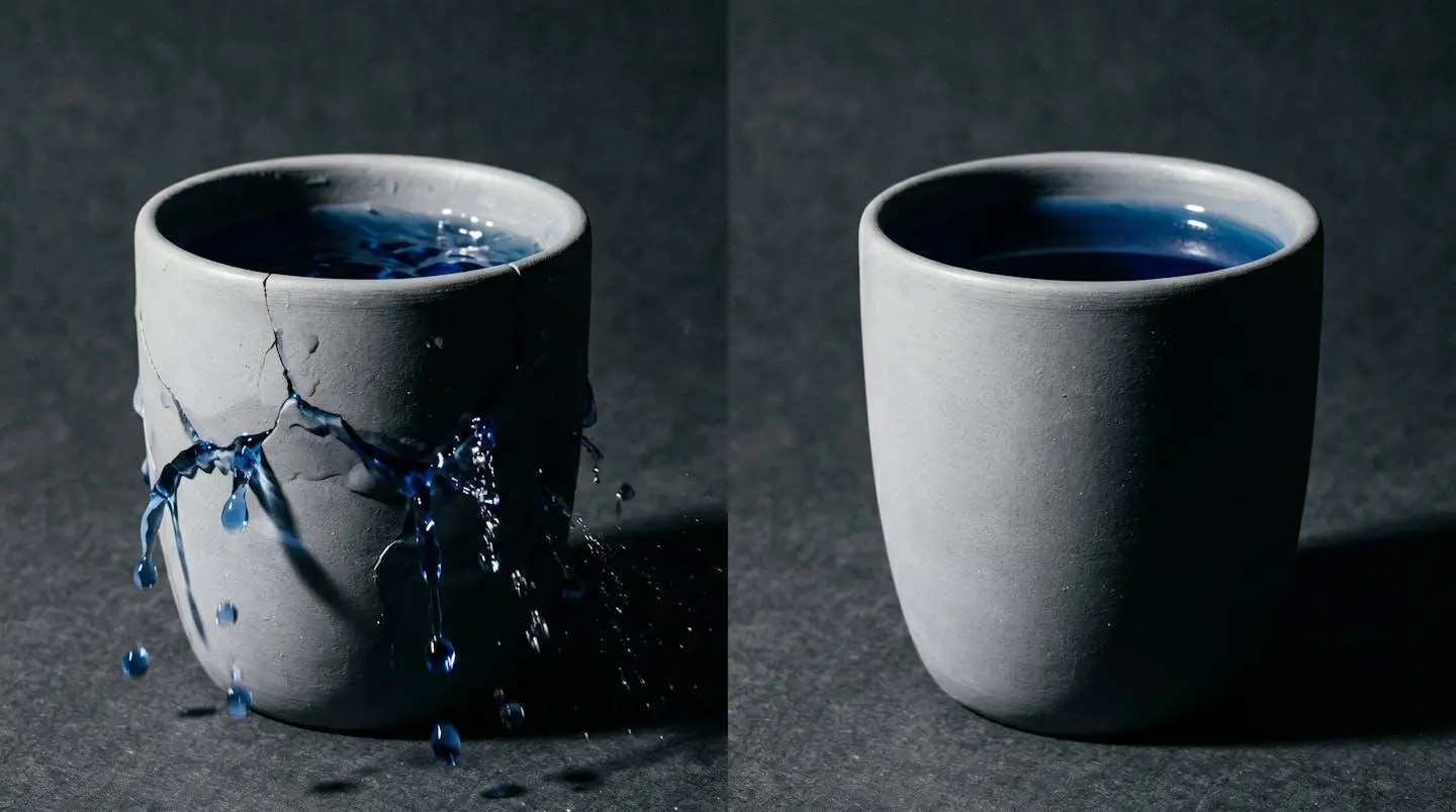 Split image showing cracked ceramic vessel leaking blue water on left contrasted with intact vessel collecting water on right