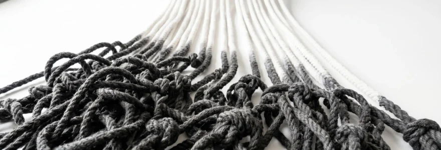 Tangled dark grey ropes in foreground transforming into organized parallel white ropes in background against white backdrop